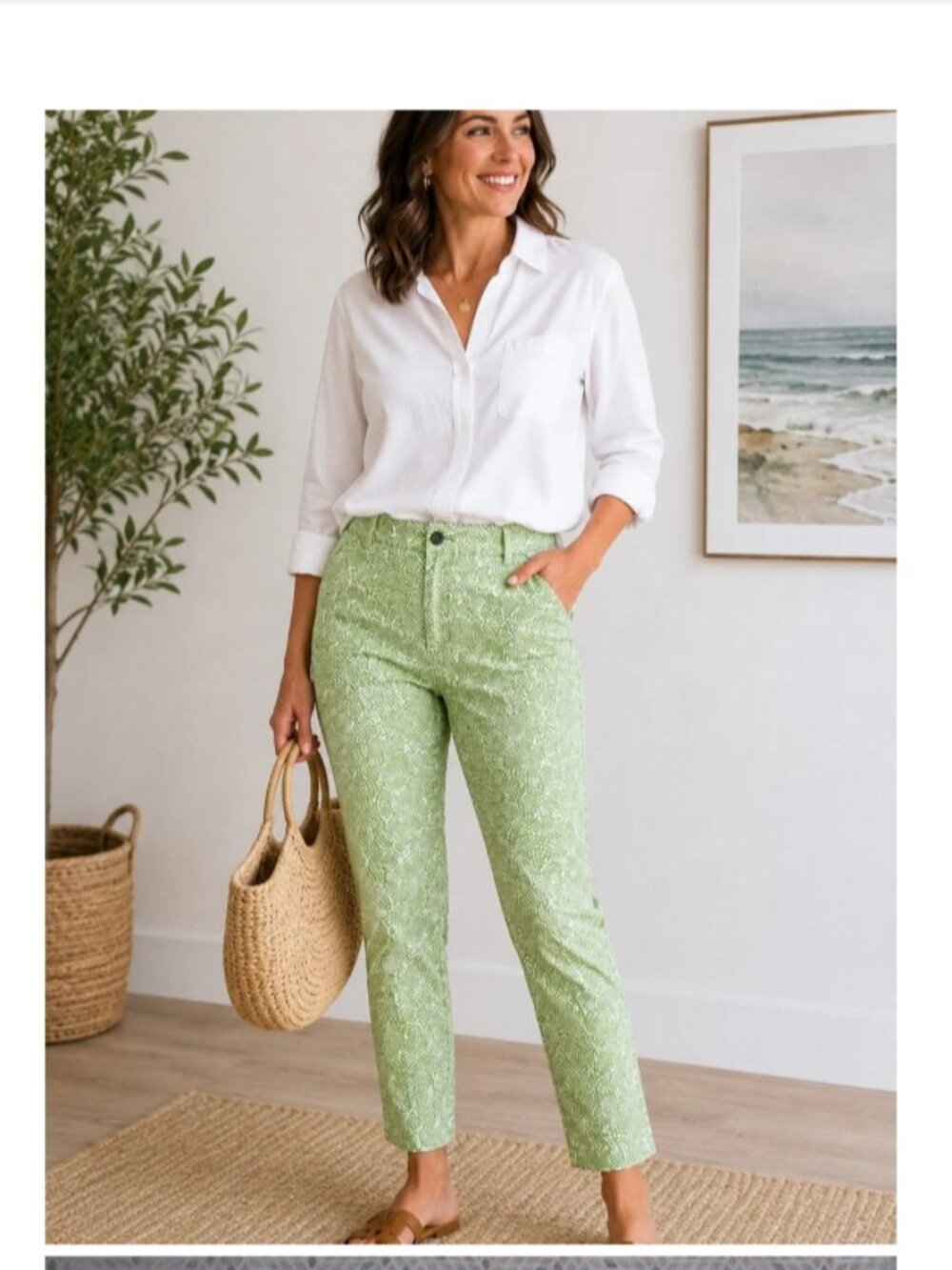 Charter Club Modern Green Print Ankle Crop Pants Size 14 Classic Stretch